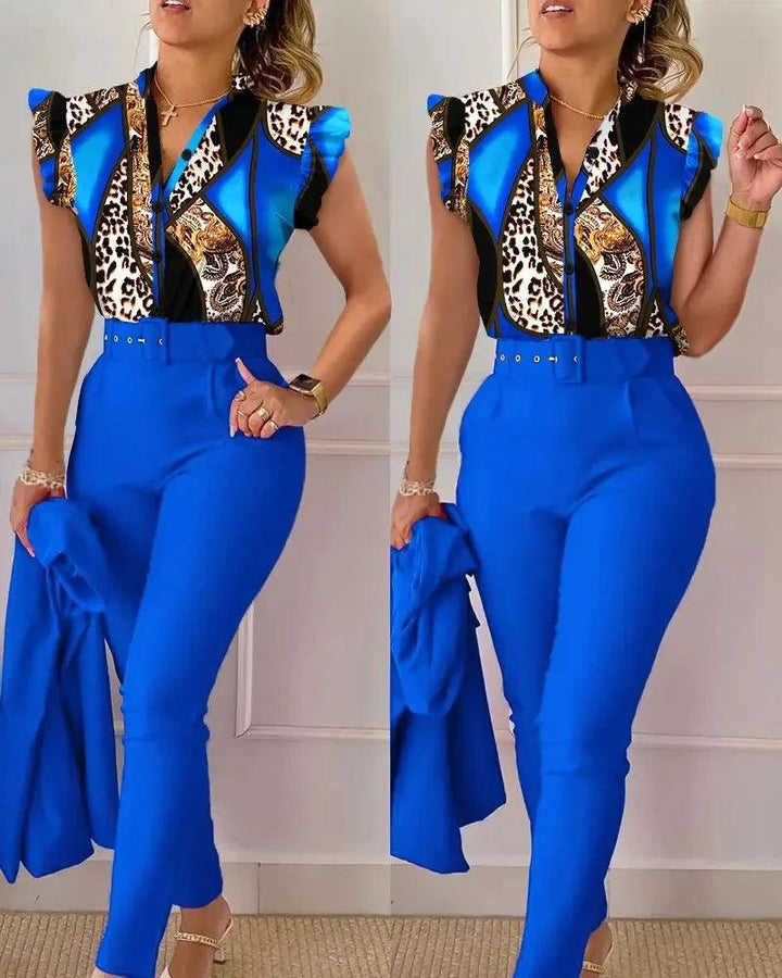 Womens Elegant Slim Two-Piece Sets Summer Fashion Print V Neck Button Flying Sleeve Shirt Top & Solid Long Pants Suits With Belt-THAT FASHION STORE