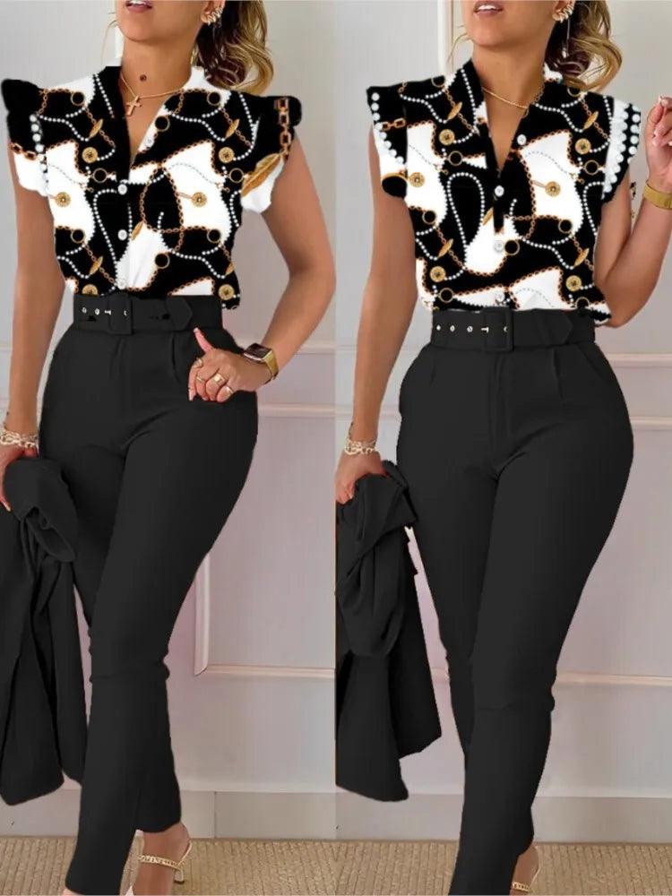 Womens Elegant Slim Two-Piece Sets Summer Fashion Print V Neck Button Flying Sleeve Shirt Top & Solid Long Pants Suits With Belt-THAT FASHION STORE