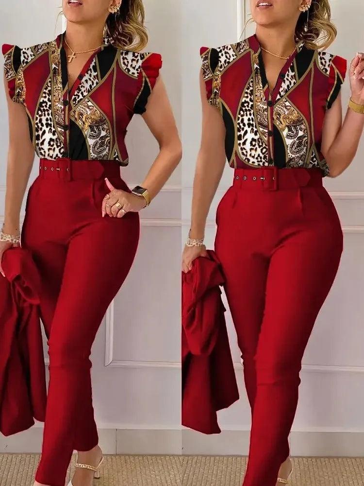 Womens Elegant Slim Two-Piece Sets Summer Fashion Print V Neck Button Flying Sleeve Shirt Top & Solid Long Pants Suits With Belt-THAT FASHION STORE