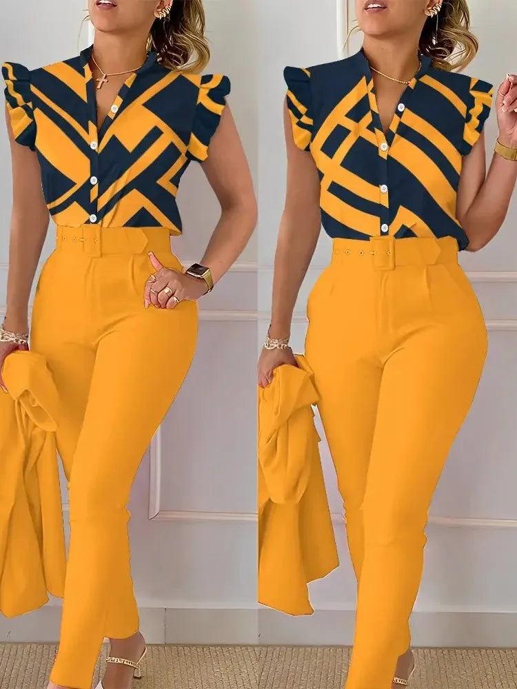 Womens Elegant Slim Two-Piece Sets Summer Fashion Print V Neck Button Flying Sleeve Shirt Top & Solid Long Pants Suits With Belt-THAT FASHION STORE