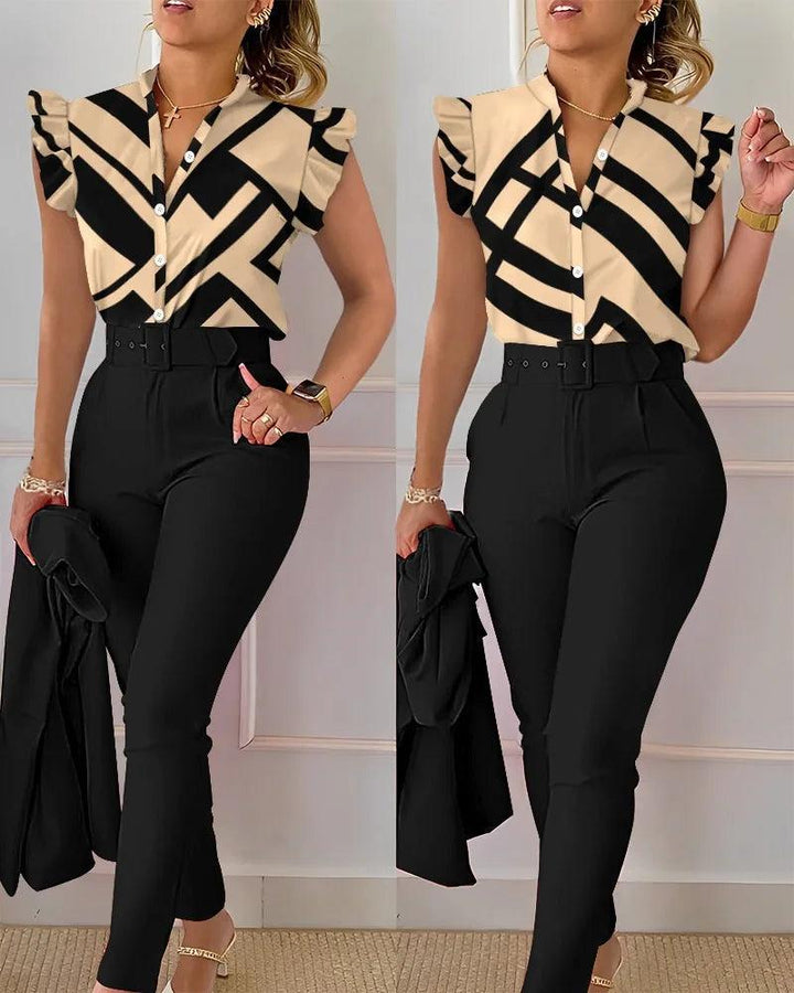 Womens Elegant Slim Two-Piece Sets Summer Fashion Print V Neck Button Flying Sleeve Shirt Top & Solid Long Pants Suits With Belt-THAT FASHION STORE