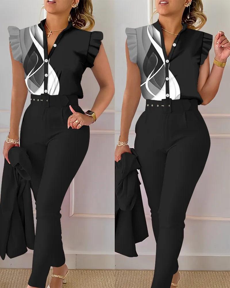 Womens Elegant Slim Two-Piece Sets Summer Fashion Print V Neck Button Flying Sleeve Shirt Top & Solid Long Pants Suits With Belt-THAT FASHION STORE