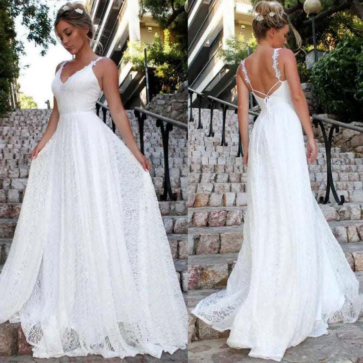 Womens Sleeveless Long Lace Formal Party Dress Prom Wedding Bridesmaid Ball Gown Dress White Boho Style Beach Maxi Dress-THAT FASHION STORE