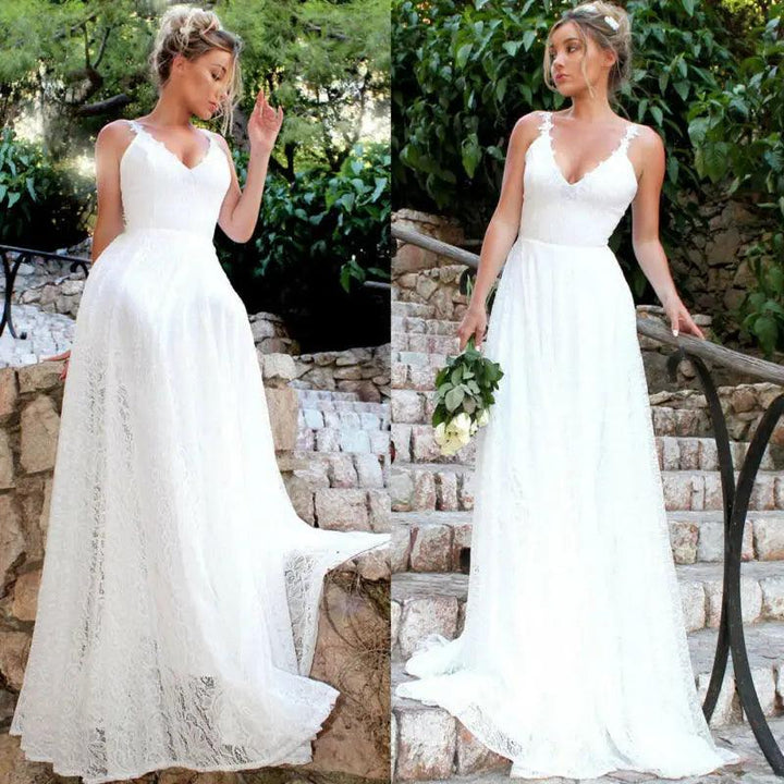 Womens Sleeveless Long Lace Formal Party Dress Prom Wedding Bridesmaid Ball Gown Dress White Boho Style Beach Maxi Dress-THAT FASHION STORE