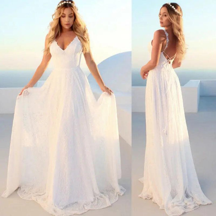 Womens Sleeveless Long Lace Formal Party Dress Prom Wedding Bridesmaid Ball Gown Dress White Boho Style Beach Maxi Dress-THAT FASHION STORE