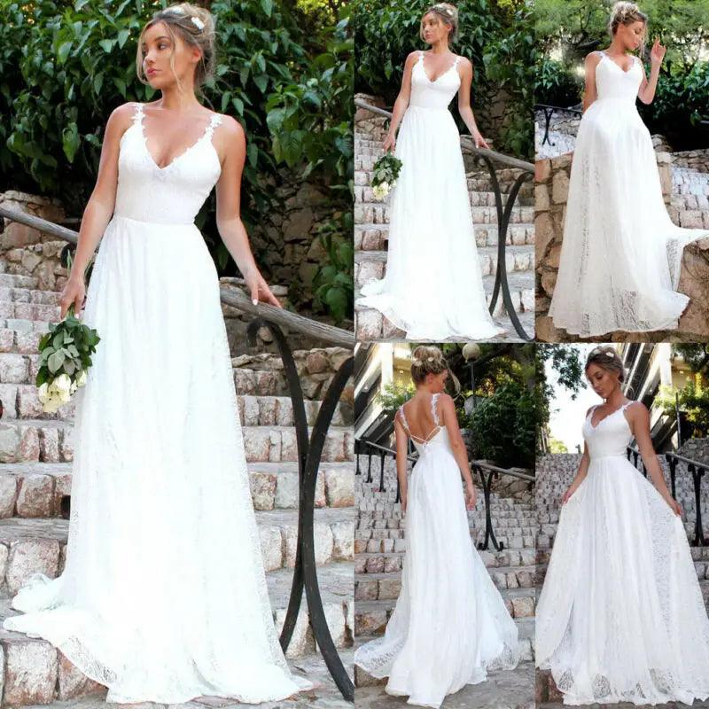 Womens Sleeveless Long Lace Formal Party Dress Prom Wedding Bridesmaid Ball Gown Dress White Boho Style Beach Maxi Dress-THAT FASHION STORE