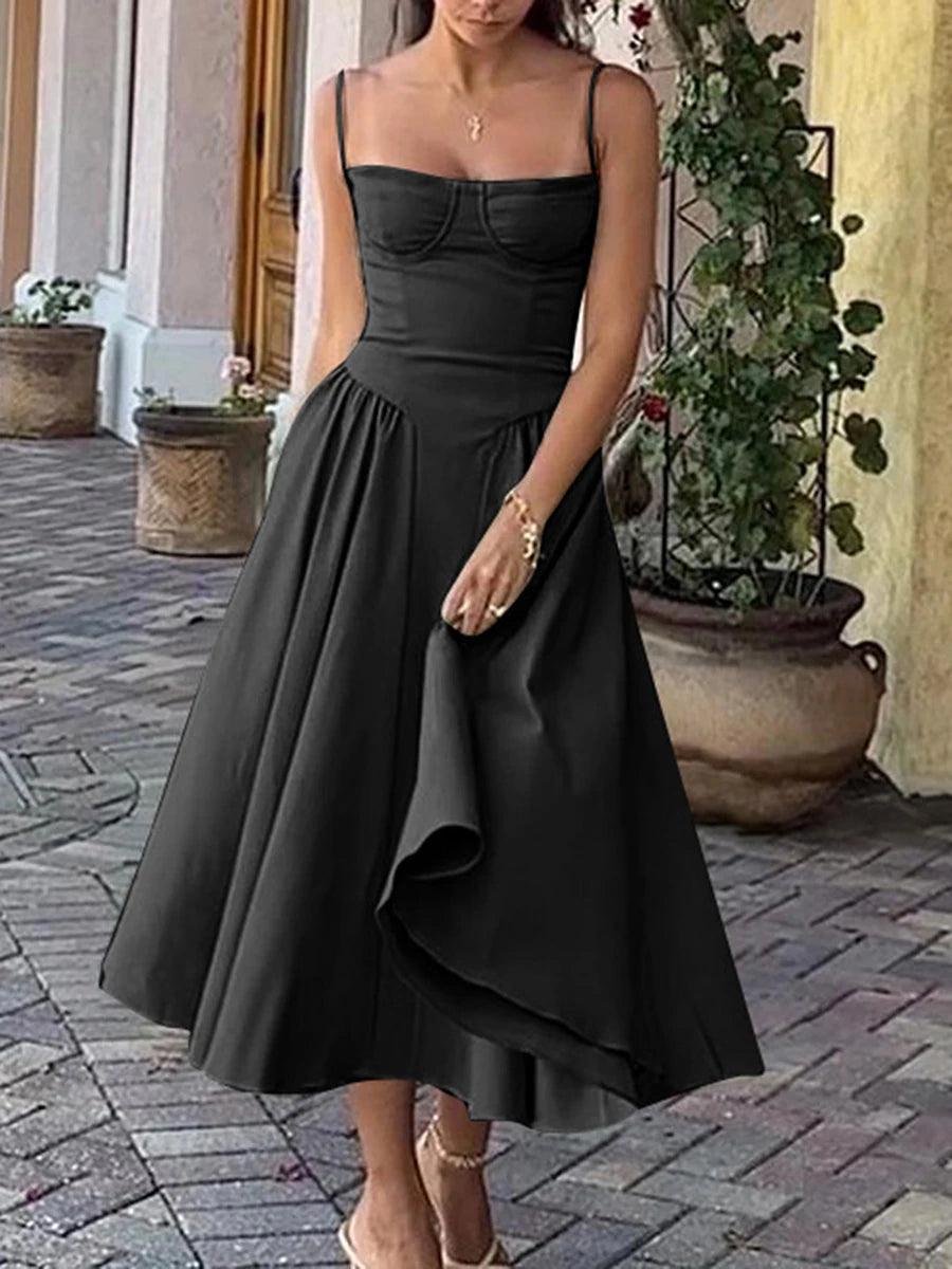 Wrapped Chest A-line Dress Women Solid Square Neck Spaghetti Strap Backless Corset Elegant Party Midi Dress Streetwear-THAT FASHION STORE