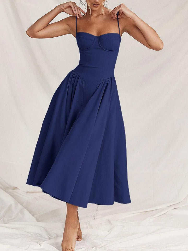 Wrapped Chest A-line Dress Women Solid Square Neck Spaghetti Strap Backless Corset Elegant Party Midi Dress Streetwear-THAT FASHION STORE