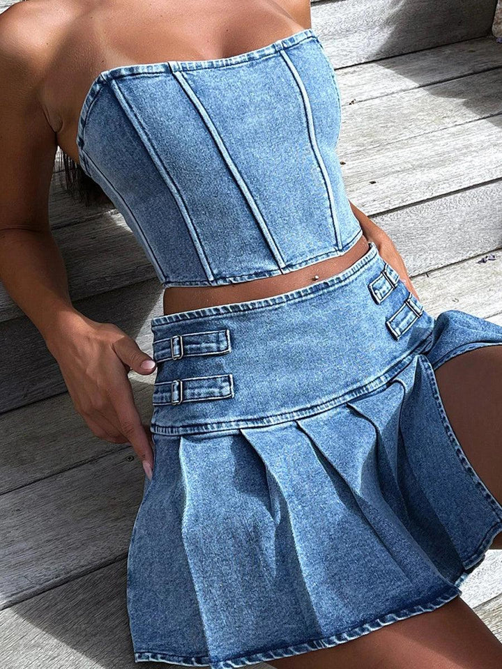 wsevypo Retro Blue Denim Two-Piece Skirt Suits Summer Off-Shoulder Bandeau Corset Crop Tops+High Waist Mini Pleated Skirts Sets-THAT FASHION STORE