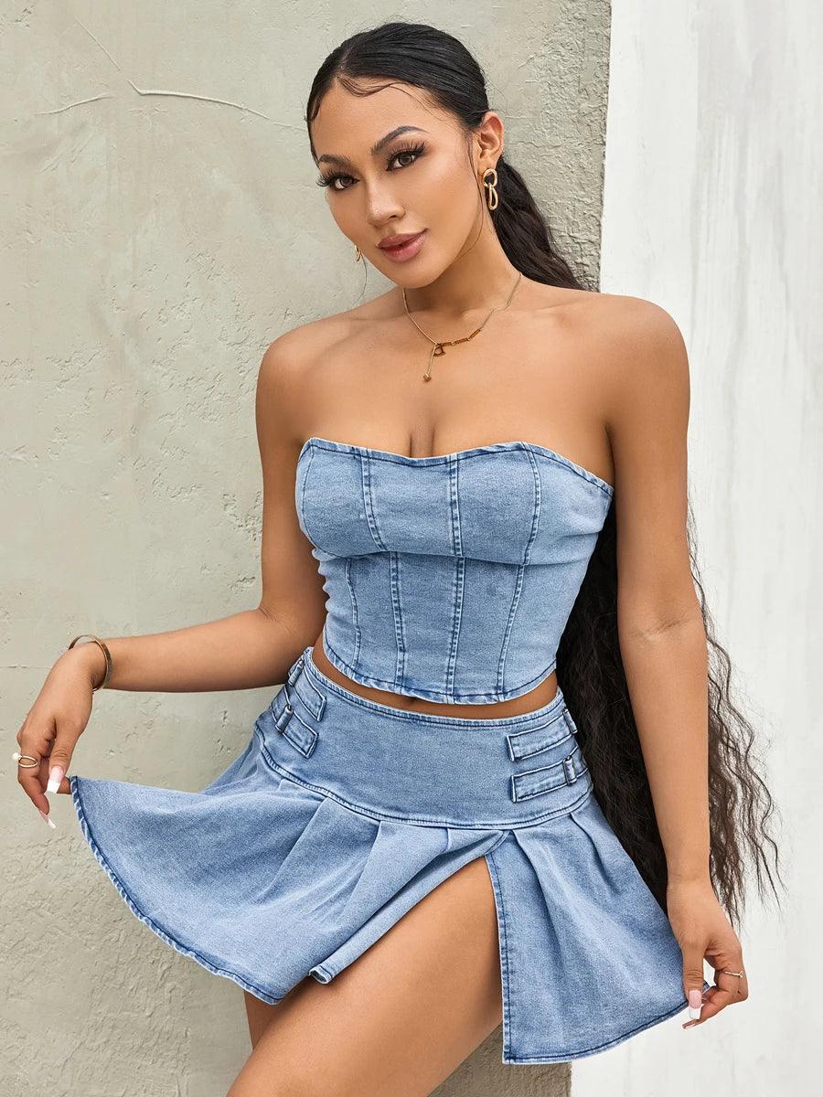 wsevypo Retro Blue Denim Two-Piece Skirt Suits Summer Off-Shoulder Bandeau Corset Crop Tops+High Waist Mini Pleated Skirts Sets-THAT FASHION STORE