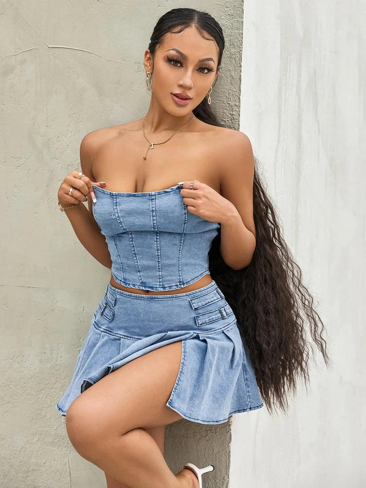 wsevypo Retro Blue Denim Two-Piece Skirt Suits Summer Off-Shoulder Bandeau Corset Crop Tops+High Waist Mini Pleated Skirts Sets-THAT FASHION STORE