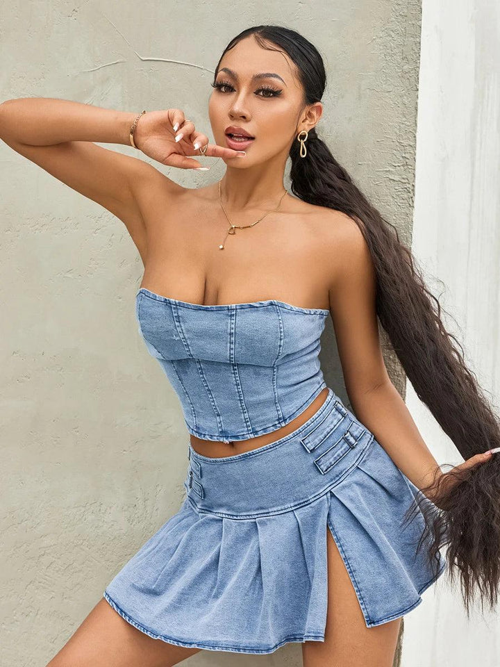 wsevypo Retro Blue Denim Two-Piece Skirt Suits Summer Off-Shoulder Bandeau Corset Crop Tops+High Waist Mini Pleated Skirts Sets-THAT FASHION STORE