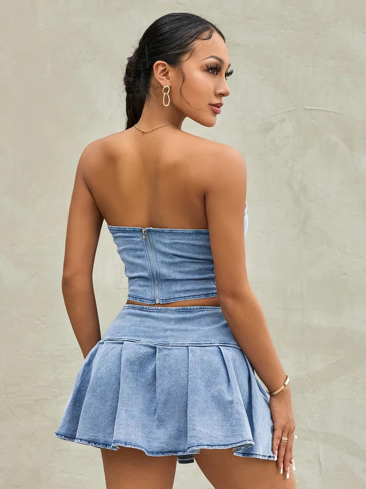 wsevypo Retro Blue Denim Two-Piece Skirt Suits Summer Off-Shoulder Bandeau Corset Crop Tops+High Waist Mini Pleated Skirts Sets-THAT FASHION STORE