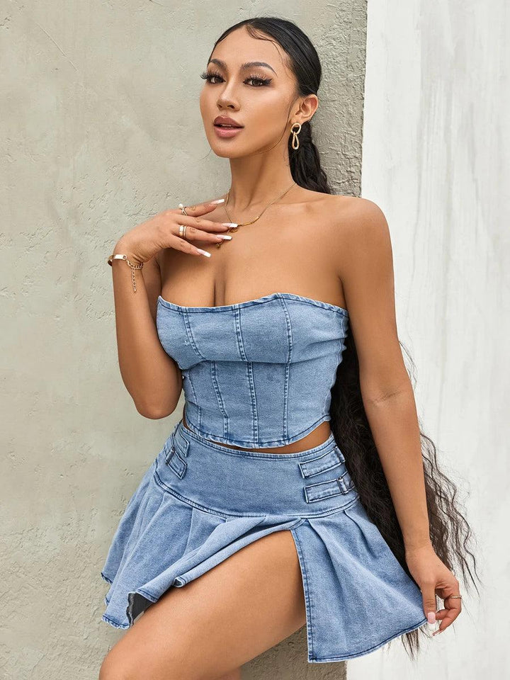 wsevypo Retro Blue Denim Two-Piece Skirt Suits Summer Off-Shoulder Bandeau Corset Crop Tops+High Waist Mini Pleated Skirts Sets-THAT FASHION STORE