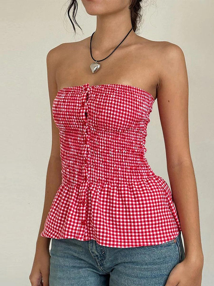 Y2k Red Gingham Crop Top Womean Sexy Strapless Ruffle Hem Sleeveless Button Cami Coquette Aesthetic Plaid Print Crop Top Summer-THAT FASHION STORE