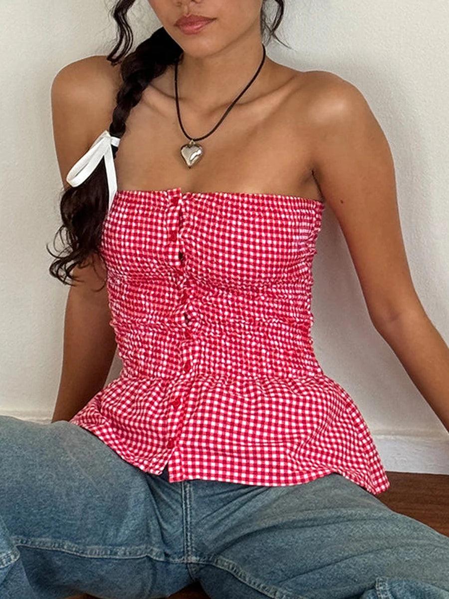 Y2k Red Gingham Crop Top Womean Sexy Strapless Ruffle Hem Sleeveless Button Cami Coquette Aesthetic Plaid Print Crop Top Summer-THAT FASHION STORE