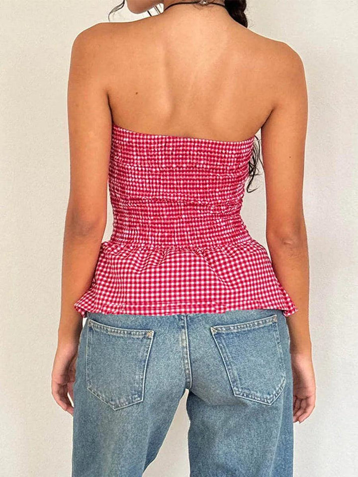 Y2k Red Gingham Crop Top Womean Sexy Strapless Ruffle Hem Sleeveless Button Cami Coquette Aesthetic Plaid Print Crop Top Summer-THAT FASHION STORE